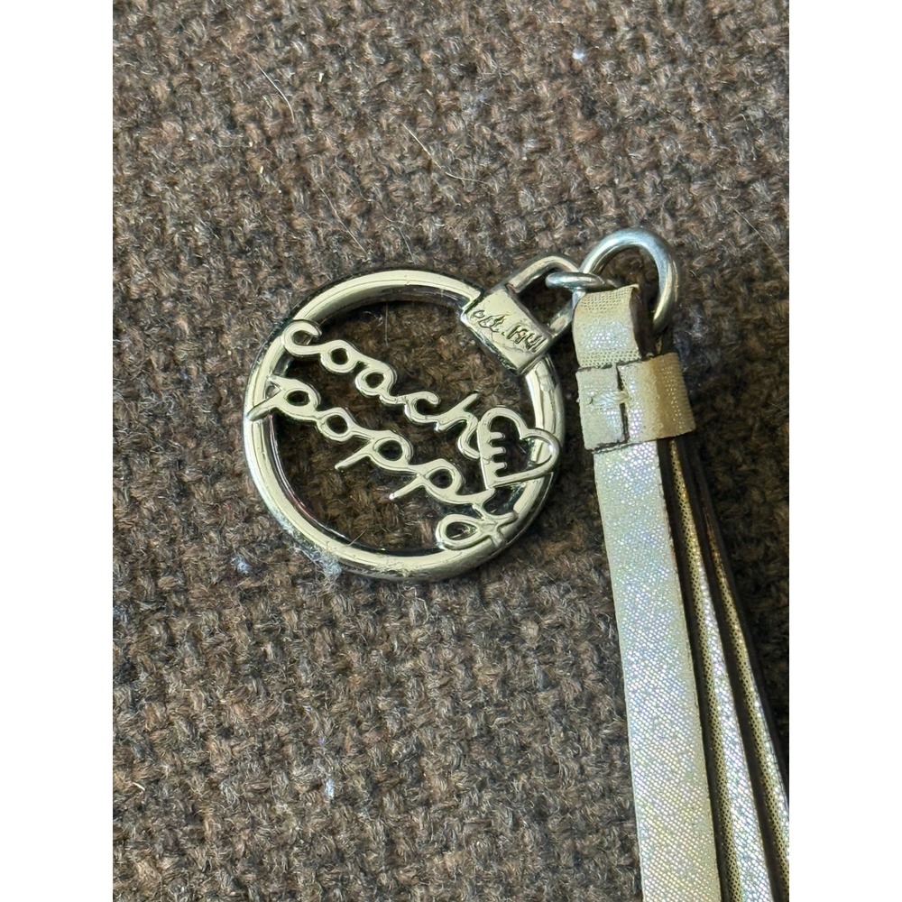 Coach Poppy Metallic Gold Leather Tassel Keychain Silver Heart Logo Bag Charm - Picture 5 of 5